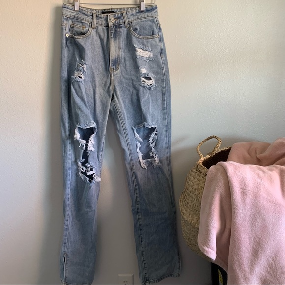 PLT | Light Blue Distressed Split Hem Straight Jean - Picture 2 of 8